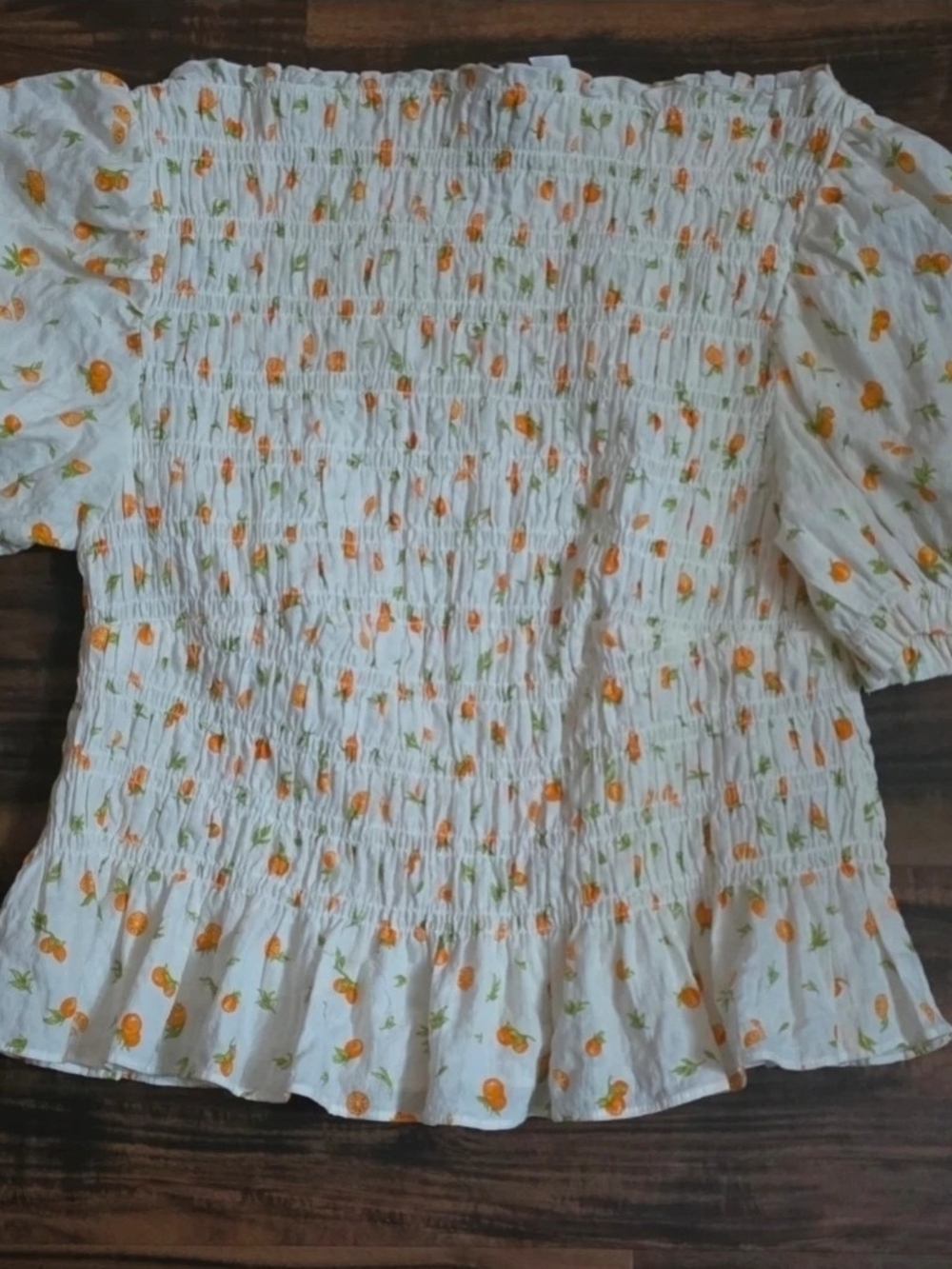 Divided White Smocked Blouse with Orange Floral Motif